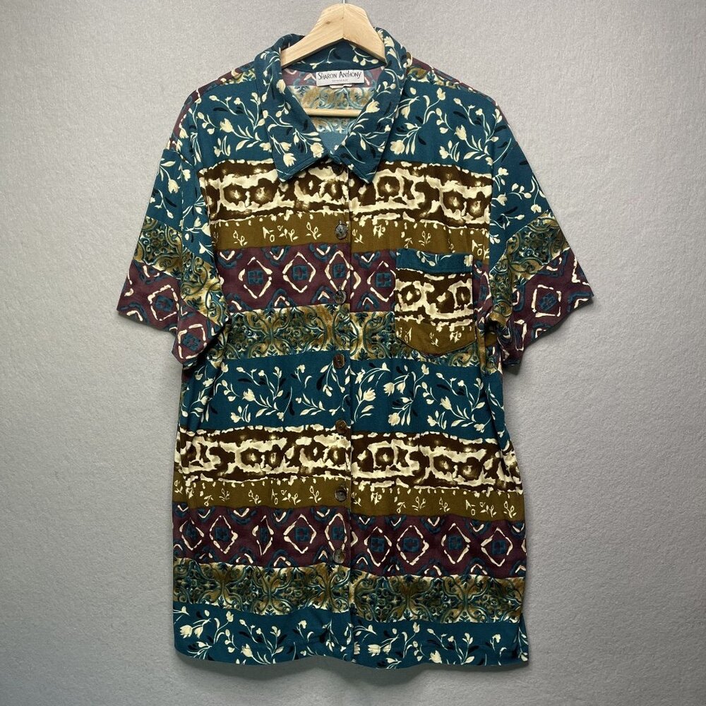 Vintage Sharon Anthony Womans Button-Up Shirt Boho Floral & Stripe Pattern 1X